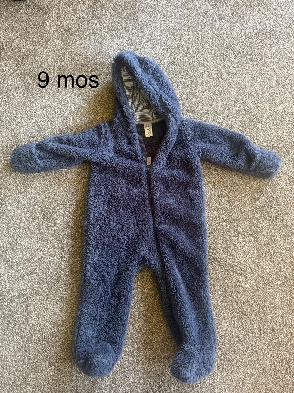 Plush Hooded Navy Blue Baby One-Piece snow suit sz 9 mos